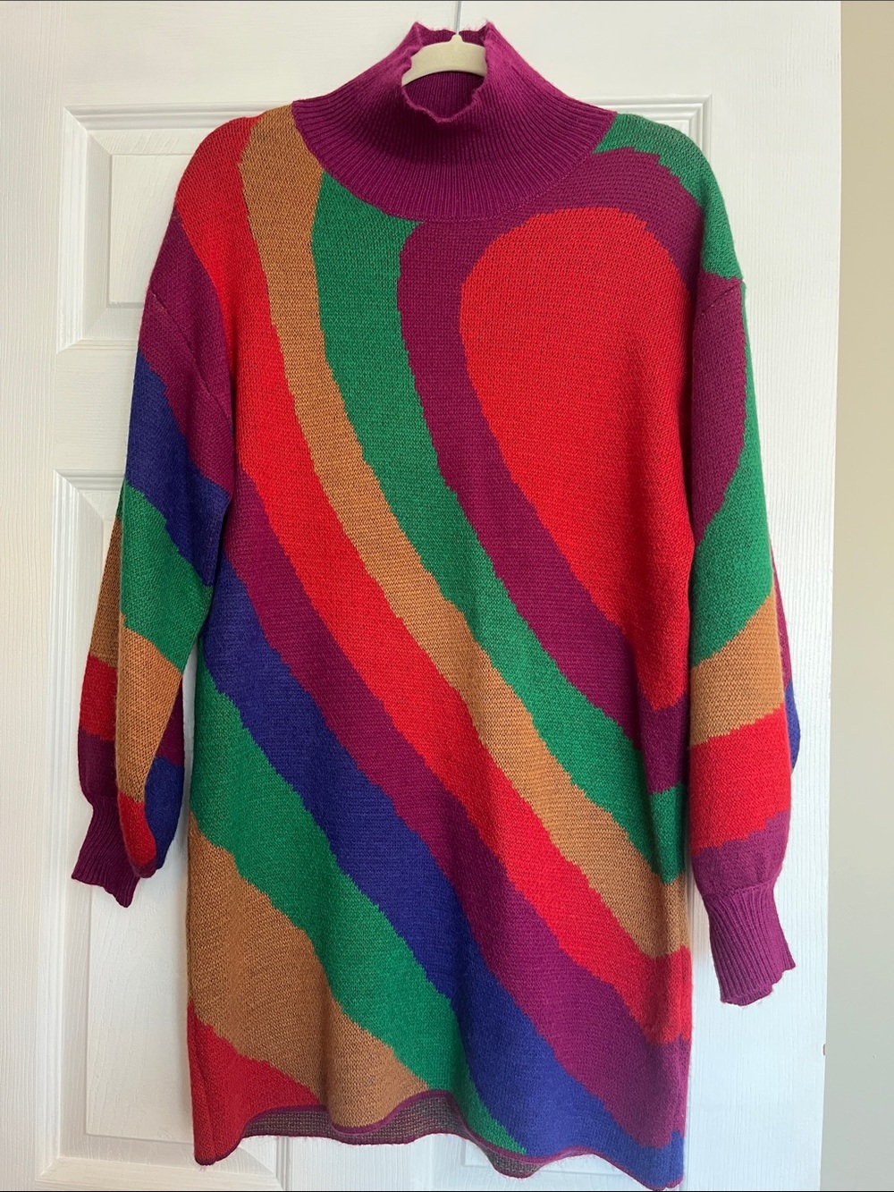 Colorblock Turtleneck Sweater Dress in Red, Green, Purple